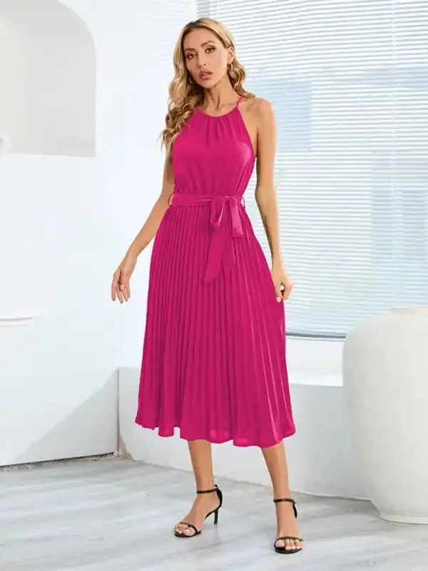 Women’s Solid Color Pleated Halter Midi Dress