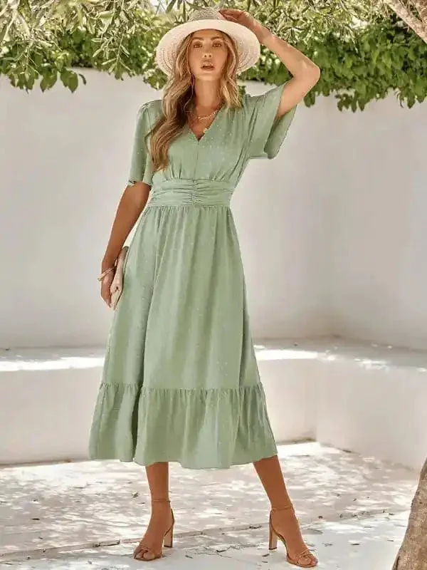 Women’s summer new V-neck lotus leaf sleeve solid color dress