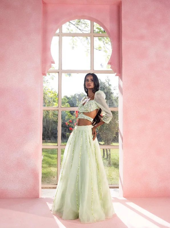 Yashika and Vanya Sage Green Hand-Embroidered Lehenga Set