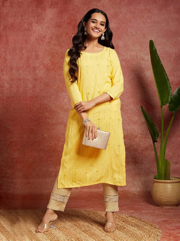 Yellow Embroidered Rayon Straight Kurta