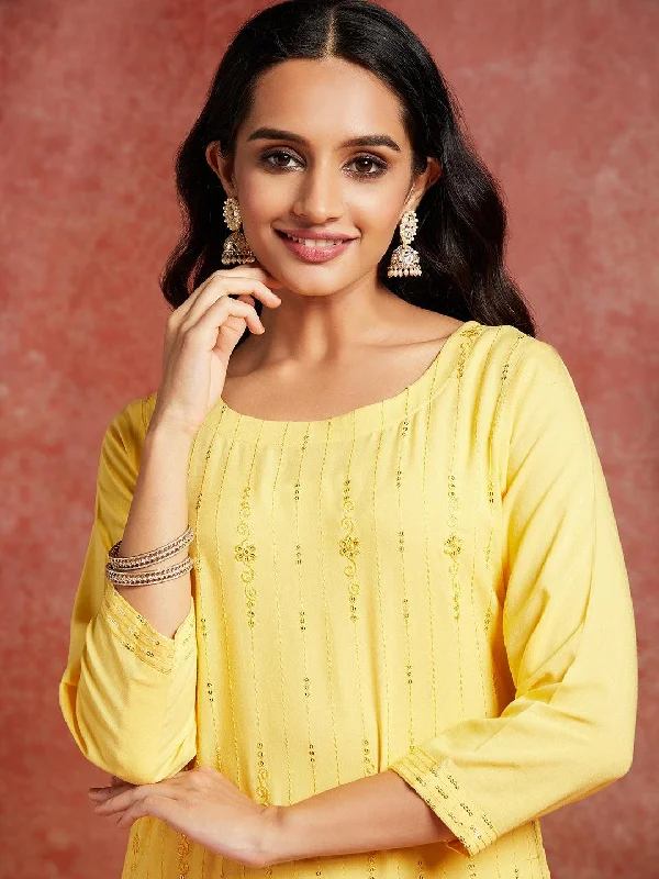 Yellow Embroidered Rayon Straight Kurta