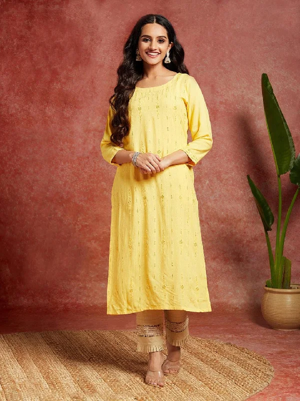 Yellow Embroidered Rayon Straight Kurta