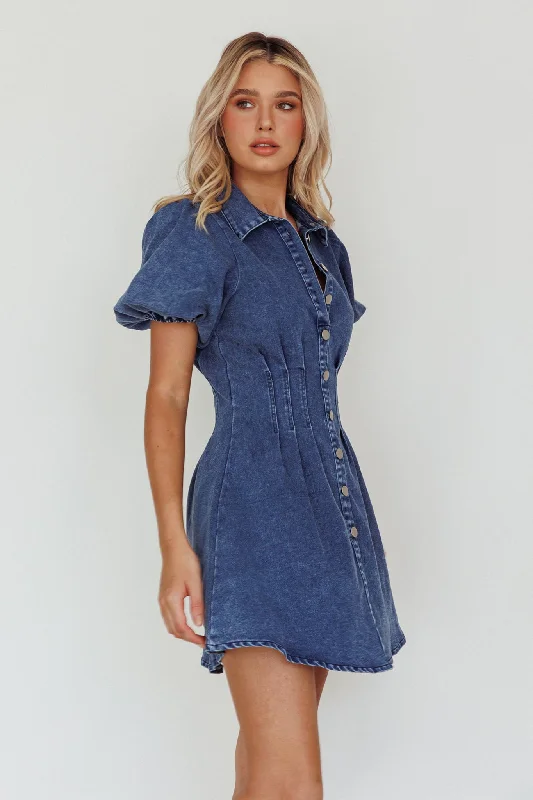 Zurich Pleated Waist Shirt Dress Dark Blue