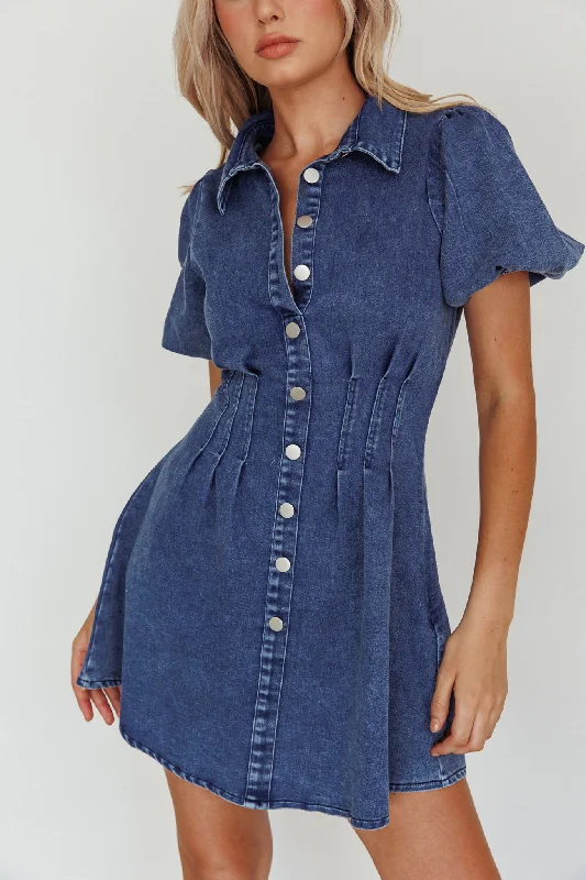 Zurich Pleated Waist Shirt Dress Dark Blue