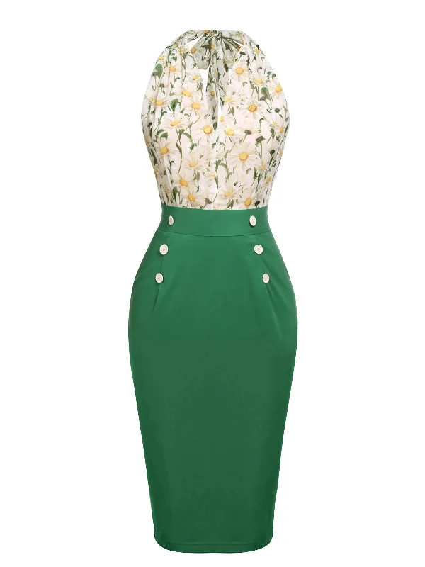 1960s Floral Lace-up Button Pencil Dress