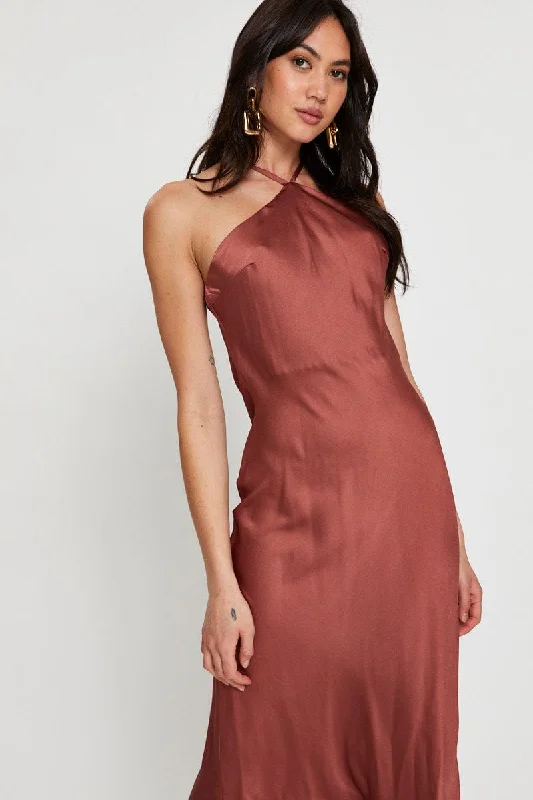 Beige Slip Dress Halter Neck