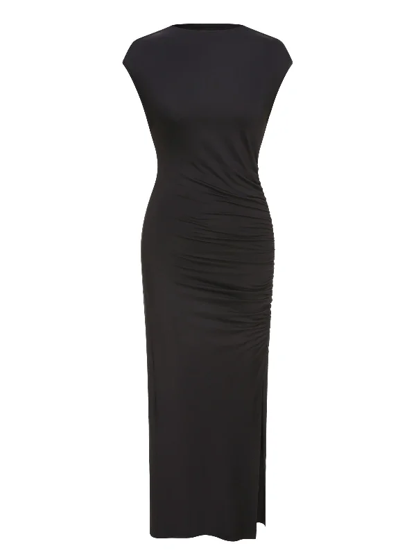 Black 1960s Solid High Slit Dress