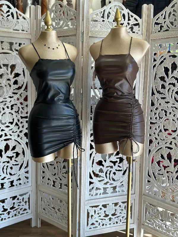 Black Faux Leather Ruched Dress