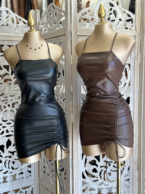 Black Faux Leather Ruched Dress