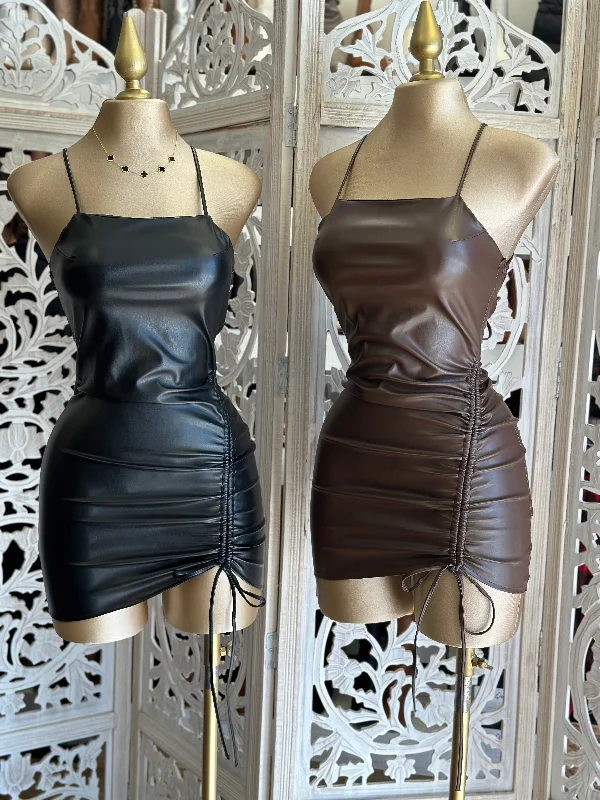 Black Faux Leather Ruched Dress