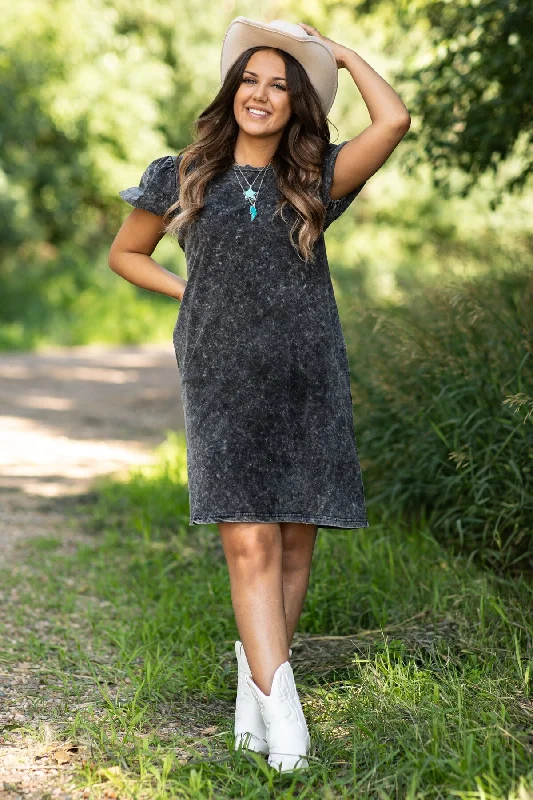 Black Washed Puff Sleeve Dress With Pockets