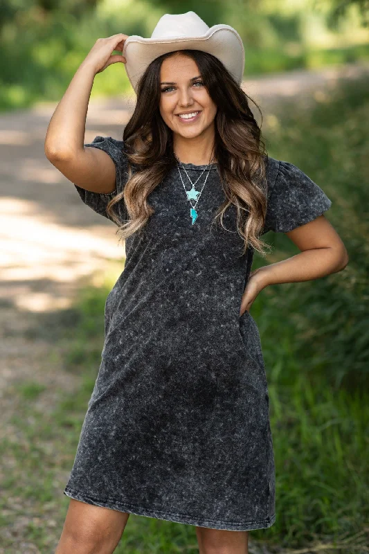 Black Washed Puff Sleeve Dress With Pockets