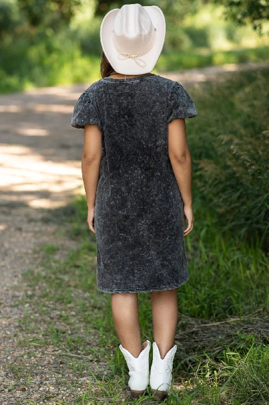 Black Washed Puff Sleeve Dress With Pockets