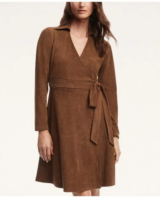 Brooks Brothers Women's Faux Suede Herringbone Wrap Dress Brown