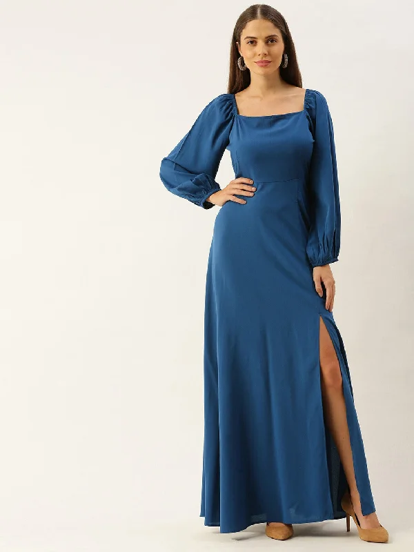 Berrylush Women Solid Blue Square Neck Slim-Fit Maxi Dress