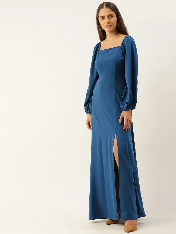 Berrylush Women Solid Blue Square Neck Slim-Fit Maxi Dress