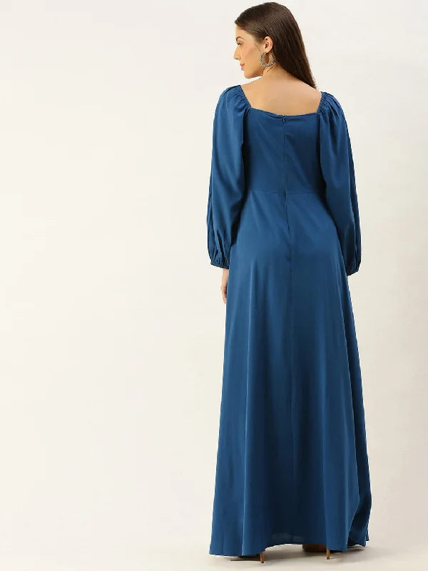 Berrylush Women Solid Blue Square Neck Slim-Fit Maxi Dress