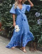 FashionSierra-Maxi for Women Rayon Blue Floral Print Sexy Deep V-Neck Summer Loose Hippie Long Vestidos Boho Dress