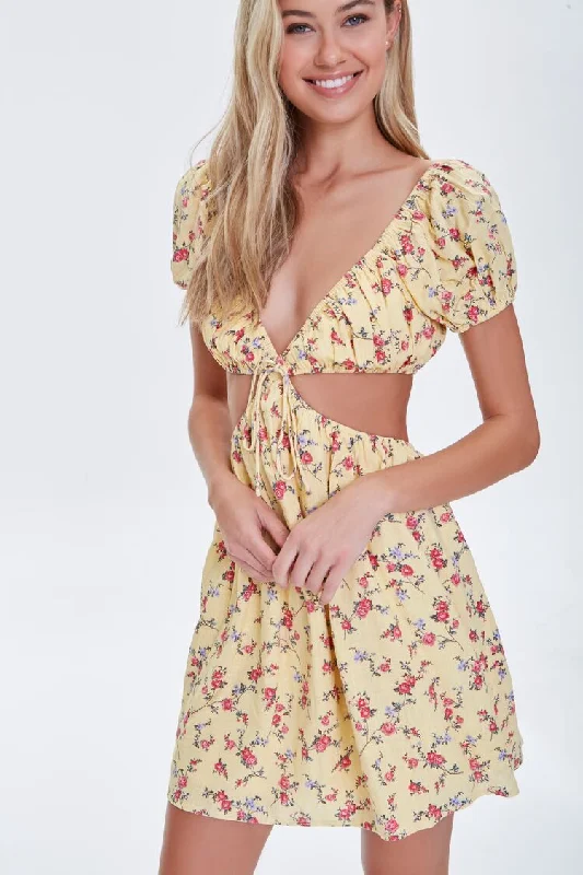 Forever 21 Women's Floral Cutout Mini Dress Yellow/Multi