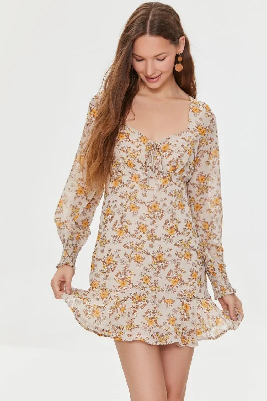 Forever 21 Women's Floral Print Peasant-Sleeve Dress Ivory/Multi