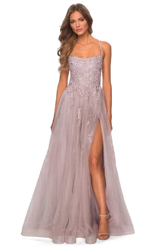 La Femme - 28470 Floral Appliqued A-Line Simple Prom Tulle Gown