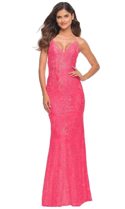 La Femme - 30684 V Neck Floral Lace Long Gown