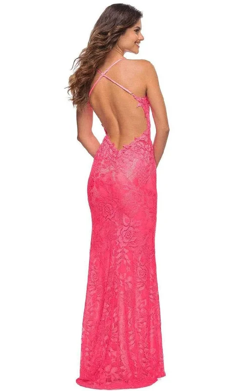 La Femme - 30684 V Neck Floral Lace Long Gown