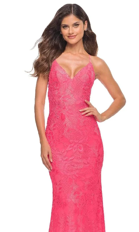 La Femme - 30684 V Neck Floral Lace Long Gown