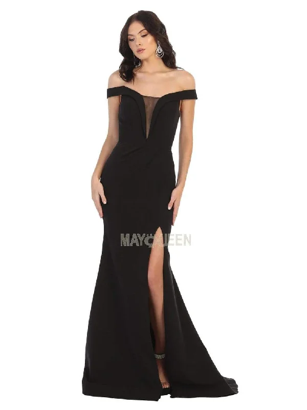 May Queen - MQ1748 Foldover Plunge Off Shoulder High Slit Dress