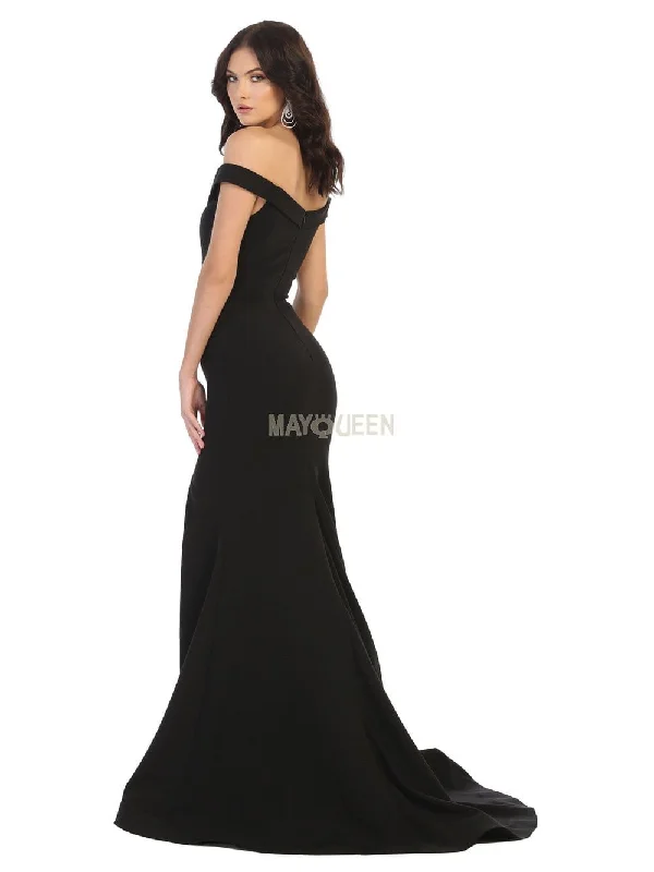 May Queen - MQ1748 Foldover Plunge Off Shoulder High Slit Dress