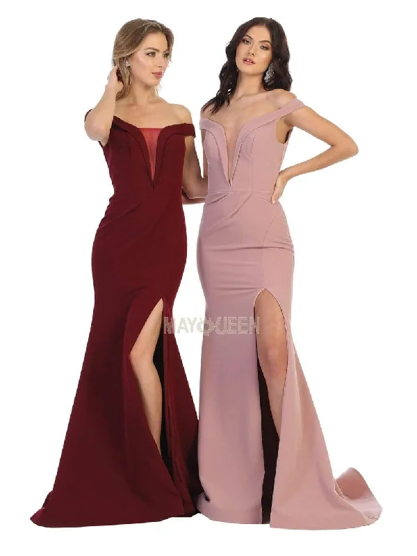 May Queen - MQ1748 Foldover Plunge Off Shoulder High Slit Dress