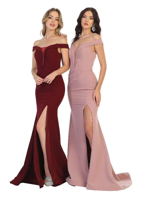 May Queen - MQ1748 Foldover Plunge Off Shoulder High Slit Dress