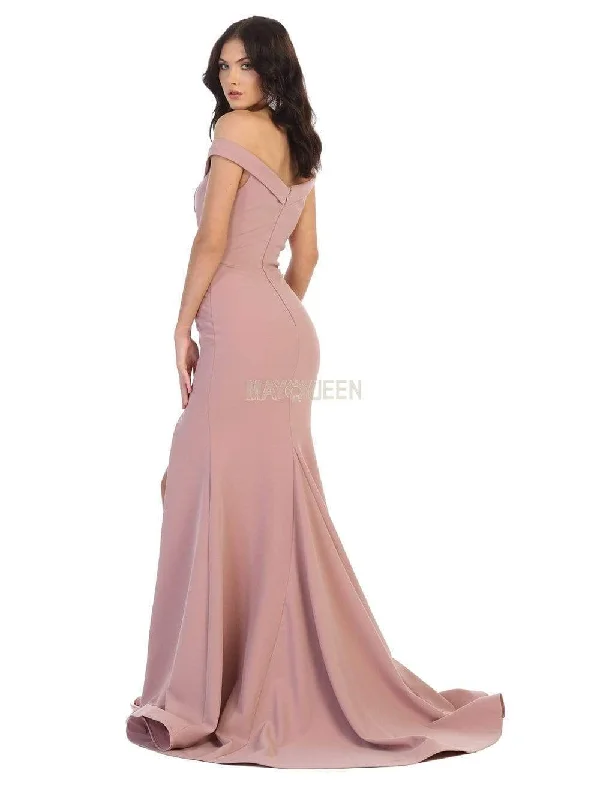 May Queen - MQ1748 Foldover Plunge Off Shoulder High Slit Dress