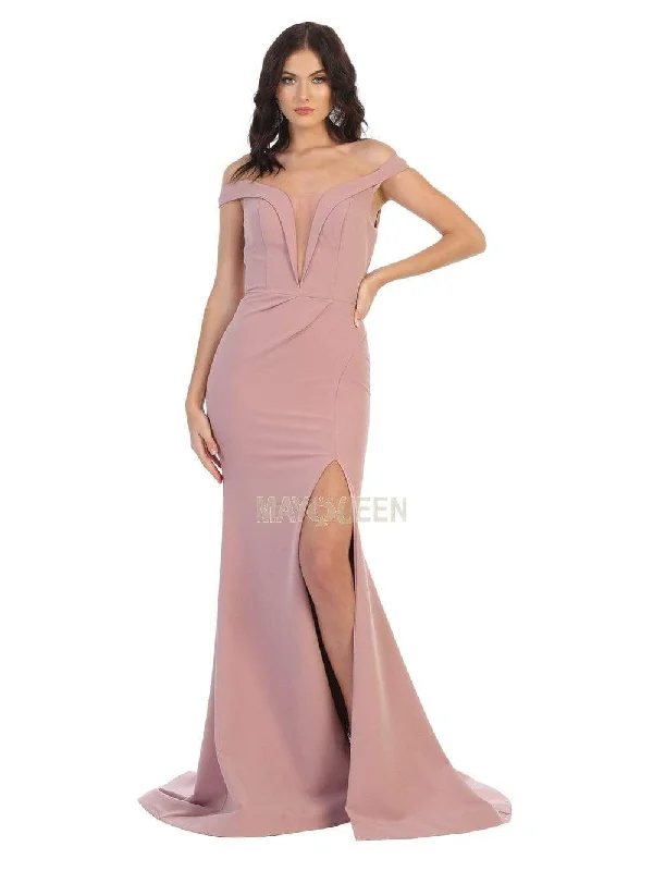 May Queen - MQ1748 Foldover Plunge Off Shoulder High Slit Dress