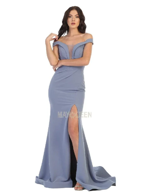 May Queen - MQ1748 Foldover Plunge Off Shoulder High Slit Dress