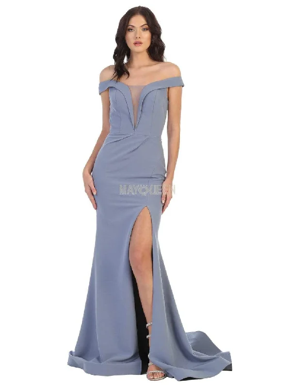 May Queen - MQ1748 Foldover Plunge Off Shoulder High Slit Dress