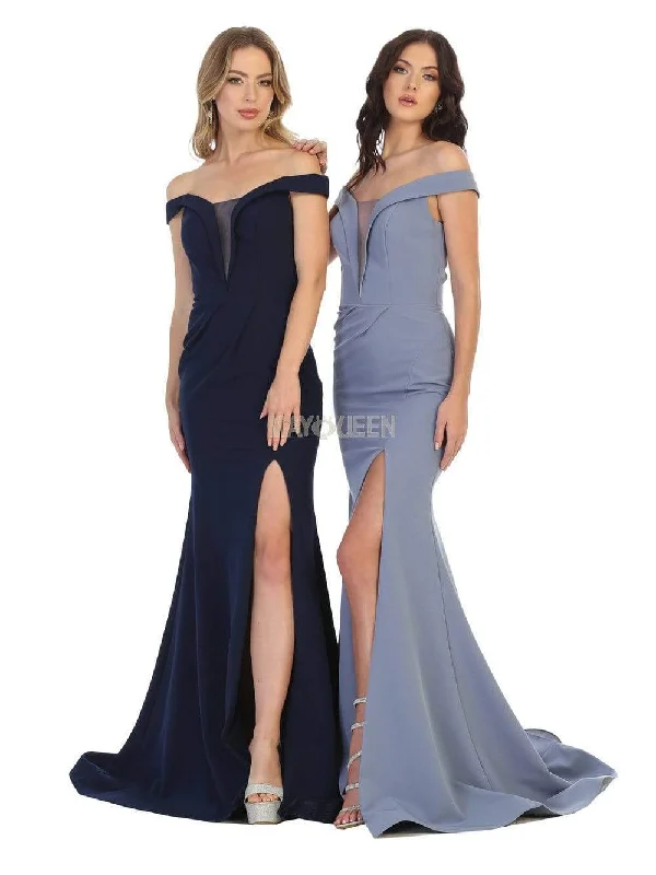 May Queen - MQ1748 Foldover Plunge Off Shoulder High Slit Dress