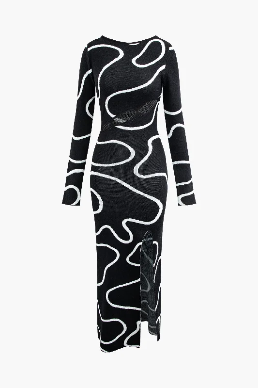 Line Pattern Round Neck Knit Long Sleeve Cut Out Slit Maxi Dress