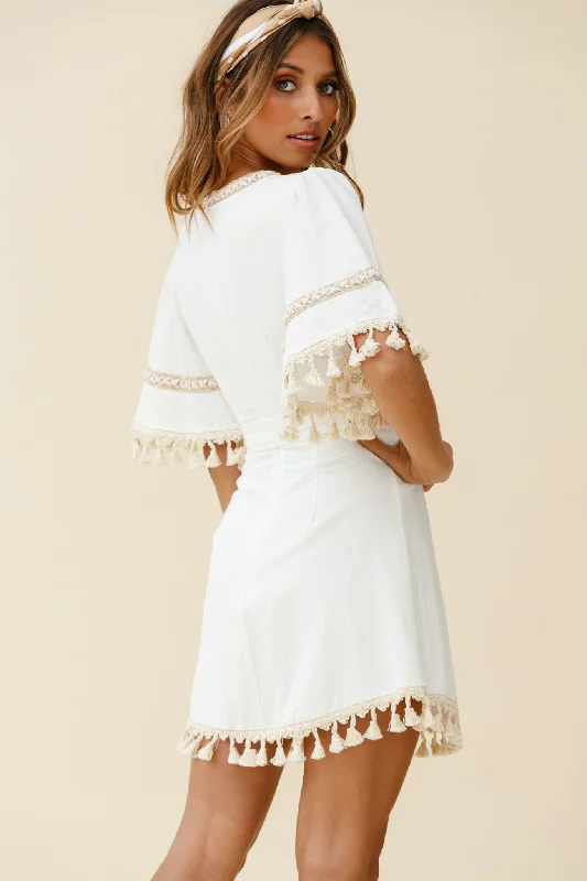 Morocco Faux Wrap Tassel Trim Dress White