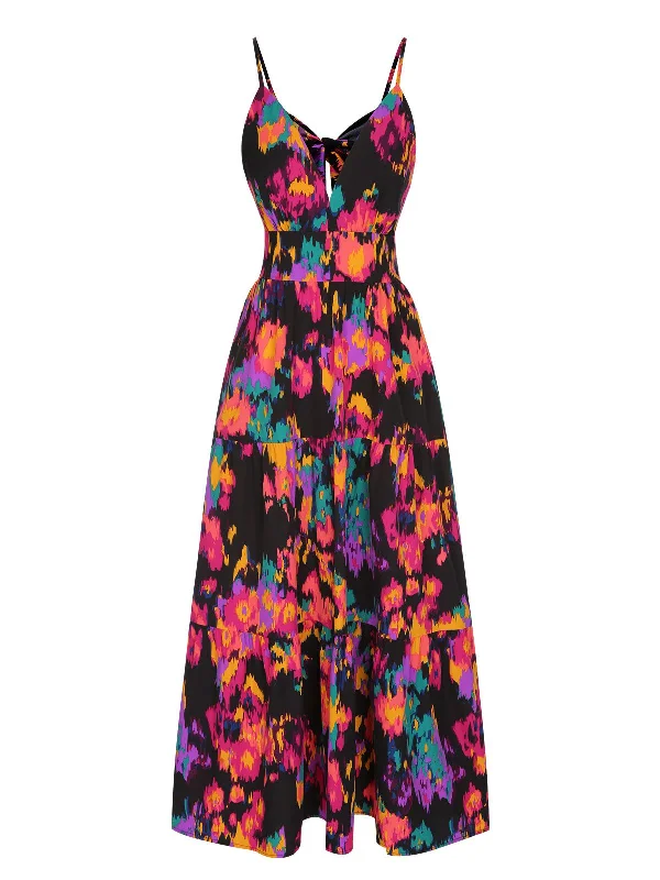 Multicolor 1940s Abstract Floral A-line Strap Dress