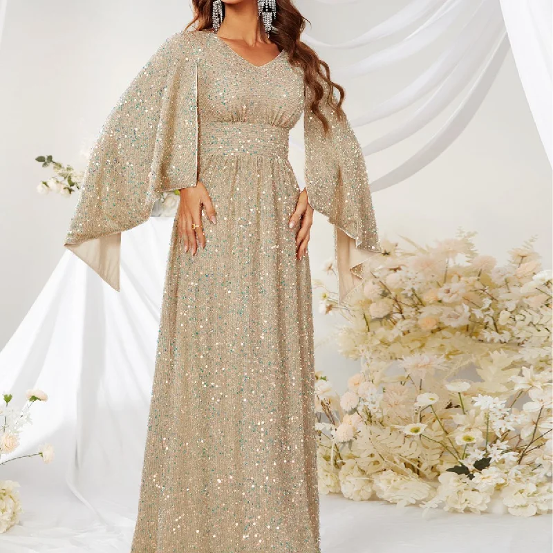 NiDELL New Products in Stock Cross-Border Dress Elegant Sequined V-neck Split Long Sleeve Evening Gown Mopping Long Dress-Ssn177