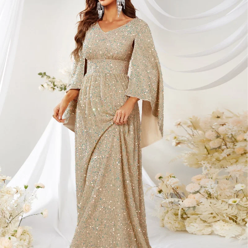 NiDELL New Products in Stock Cross-Border Dress Elegant Sequined V-neck Split Long Sleeve Evening Gown Mopping Long Dress-Ssn177