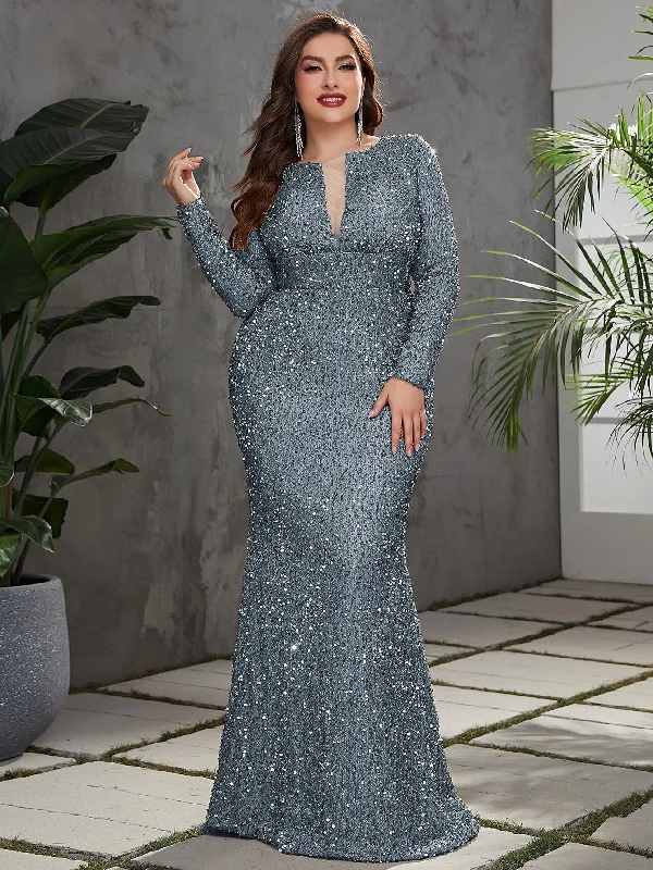 NiDELL Plus Size Haze Blue Formal Dress Slim Fishtail Deep V-neck Backless Sequined Long Prom Party Dress-FP030-2