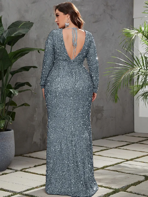 NiDELL Plus Size Haze Blue Formal Dress Slim Fishtail Deep V-neck Backless Sequined Long Prom Party Dress-FP030-2