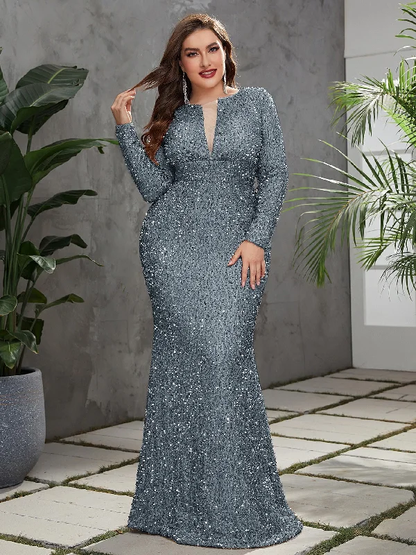 NiDELL Plus Size Haze Blue Formal Dress Slim Fishtail Deep V-neck Backless Sequined Long Prom Party Dress-FP030-2