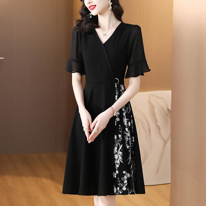 NiDELL Young Mother Summer New Dress Western Style Middle-Aged and Elderly Women's Summer Younger Fashion Short Sleeve Chiffon Skirt