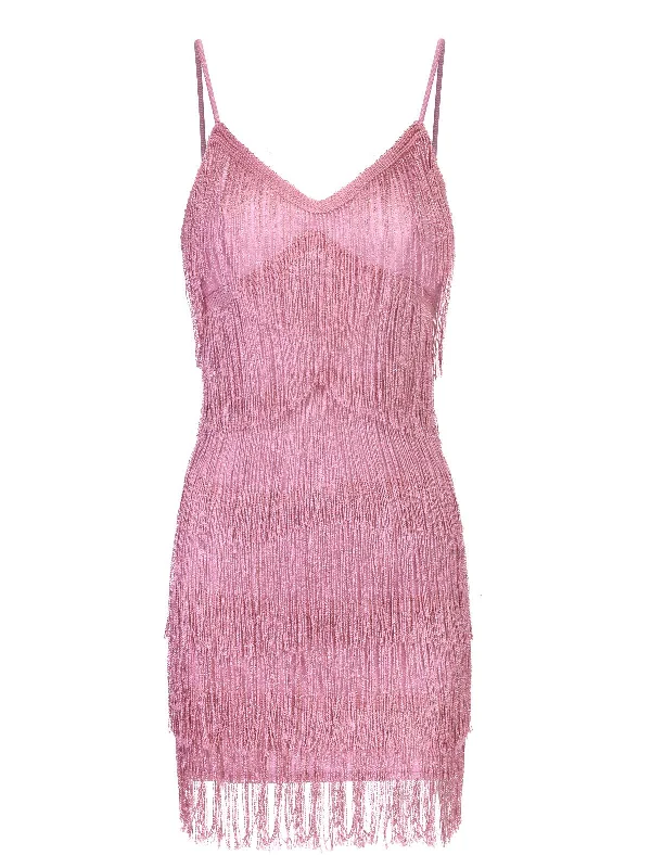 Pink 1920s Spaghetti Strap V-Neck Fringe Dress