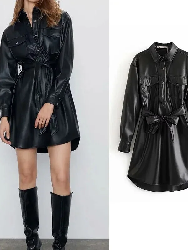 PU Leather Jacket Dress with Belt