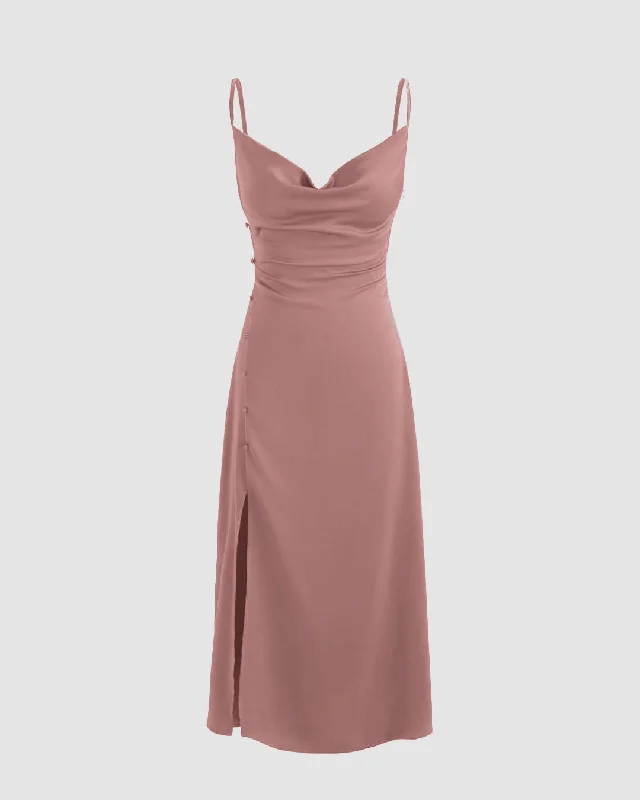 Solid Cowl Neck Slit Midi Dress in Peach