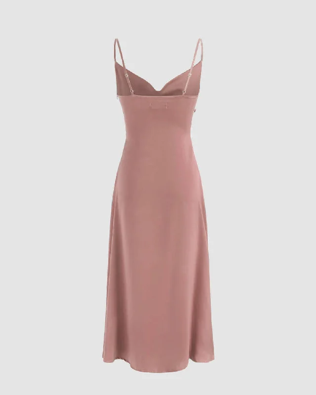 Solid Cowl Neck Slit Midi Dress in Peach